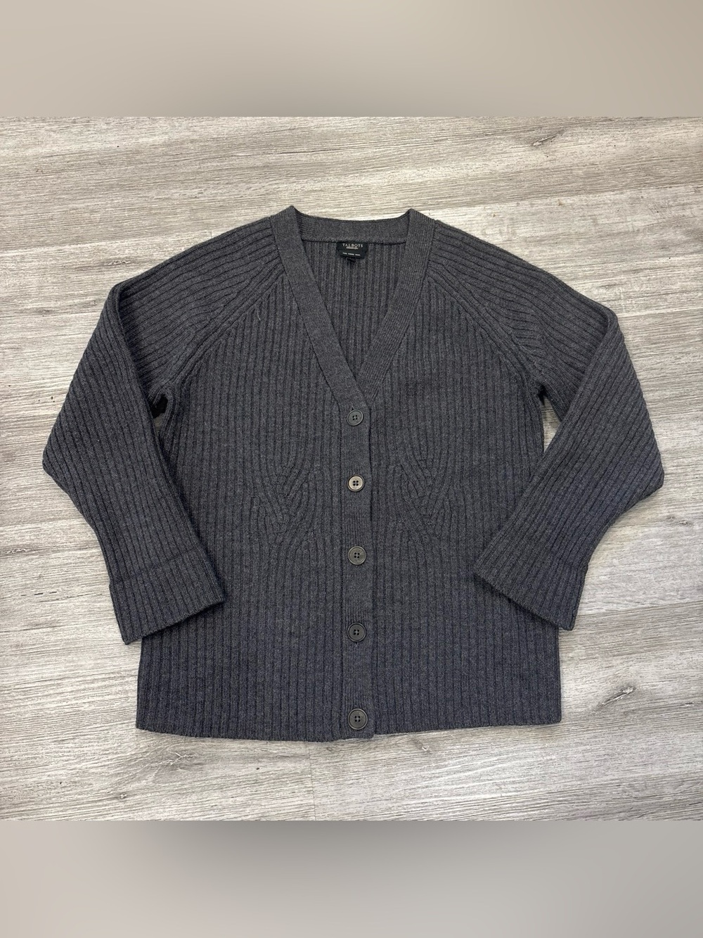 Talbots Dark Charcoal Ribbed V-Neck Button Cardigan pure merino wool fall
